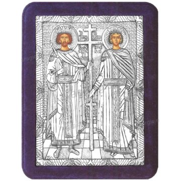 Ασημένια χειροποίητη εικόνα Άγιου Κωνσταντίνου & Άγιας Ελένης με ασήμι 999ο και μπλε βελούδινη κορνίζα 19*25cm