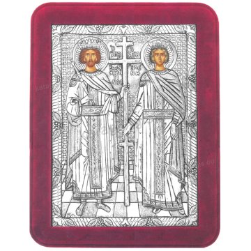 Ασημένια χειροποίητη εικόνα Άγιου Κωνσταντίνου & Άγιας Ελένης με ασήμι 999ο και κόκκινη βελούδινη κορνίζα 19*25cm