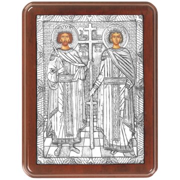 Ασημένια χειροποίητη εικόνα Άγιου Κωνσταντίνου & Άγιας Ελένης με ασήμι 999ο και ξύλινη κορνίζα 19*25cm