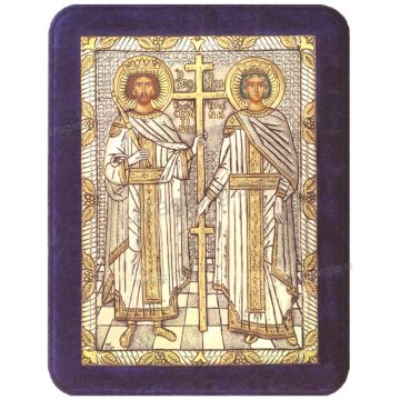 Ασημόχρυση χειροποίητη εικόνα Άγιου Κωνσταντίνου & Άγιας Ελένης με ασήμι 999ο χρυσό Κ24 και μπλε βελούδινη κορνίζα 19*25cm