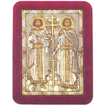 Ασημόχρυση χειροποίητη εικόνα Άγιου Κωνσταντίνου & Άγιας Ελένης με ασήμι 999ο χρυσό Κ24 και κόκκινη βελούδινη κορνίζα 19*25cm