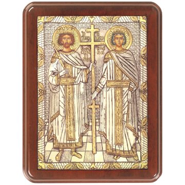 Ασημόχρυση χειροποίητη εικόνα Άγιου Κωνσταντίνου & Άγιας Ελένης με ασήμι 999ο χρυσό Κ24 και ξύλινη κορνίζα 19*25cm