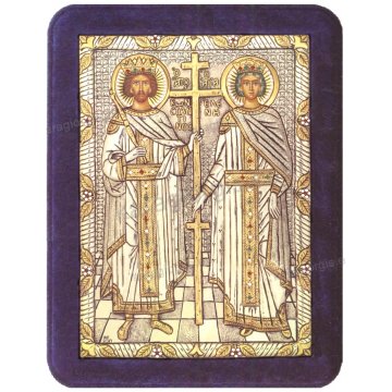 Ασημόχρυση πετράτη χειροποίητη εικόνα Άγιου Κωνσταντίνου & Άγιας Ελένης με ασήμι 999ο χρυσό Κ24 και μπλε βελούδινη κορνίζα με κρυστάλλους Swarovski 19*25cm