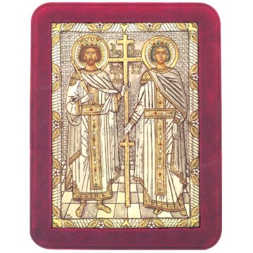 Ασημόχρυση πετράτη χειροποίητη εικόνα Άγιου Κωνσταντίνου & Άγιας Ελένης με ασήμι 999ο χρυσό Κ24 και κόκκινη βελούδινη κορνίζα με κρυστάλλους Swarovski 19*25cm
