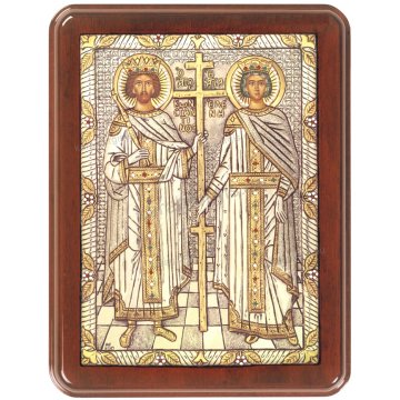 Ασημόχρυση πετράτη χειροποίητη εικόνα Άγιου Κωνσταντίνου & Άγιας Ελένης με ασήμι 999ο χρυσό Κ24 και ξύλινη κορνίζα με κρυστάλλους Swarovski 19*25cm