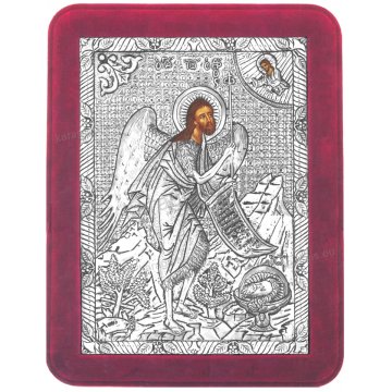 Ασημένια χειροποίητη εικόνα Άγιος Ιωάννης με ασήμι 999ο και κόκκινη βελούδινη κορνίζα 19*25cm