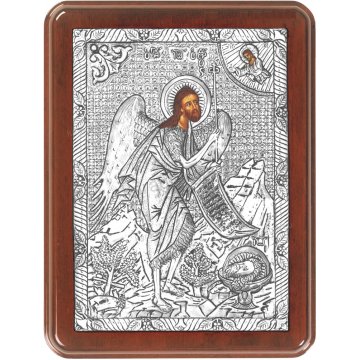 Ασημένια χειροποίητη εικόνα Άγιος Ιωάννης με ασήμι 999ο και ξύλινη κορνίζα 19*25cm