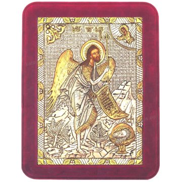 Ασημόχρυση πετράτη χειροποίητη εικόνα Άγιος Ιωάννης με ασήμι 999ο χρυσό Κ24 και κόκκινη βελούδινη κορνίζα με κρυστάλλους Swarovski 19*25cm