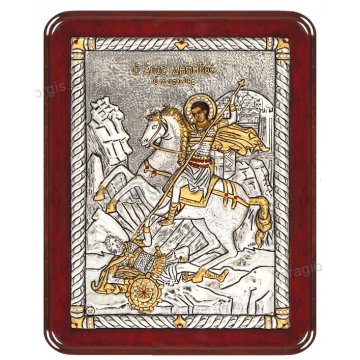 Ασημόχρυση πετράτη χειροποίητη εικόνα Άγιος Δημήτριος με ασήμι 999ο χρυσό Κ24 και ξύλινη κορνίζα με κρυστάλλους Swarovski 19*25cm