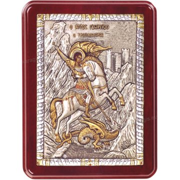 Ασημόχρυση πετράτη χειροποίητη εικόνα Άγιος Γεώργιος με ασήμι 999ο χρυσό Κ24 και ξύλινη κορνίζα με κρυστάλλους Swarovski 19*25cm
