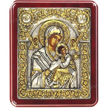 Ασημόχρυση χειροποίητη εικόνα Παναγία του Πάθους με ασήμι 999ο χρυσό Κ24 και ξύλινη κορνίζα 24*29cm