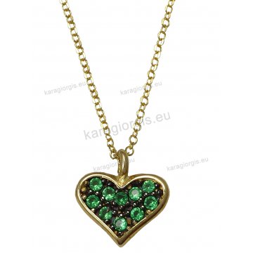 Μοντέρνο νεανικό κολιέ χρυσό με κρεμαστή καρδιά με πράσινες πέτρες ζιργκόν και μαύρο πλατίνωμα
