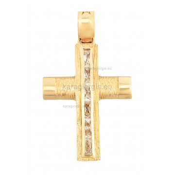 Βαπτιστικός σταυρός για κορίτσι με χρυσό και λευκόχρυσο πέτρες ζιργκόν διπλής όψεως