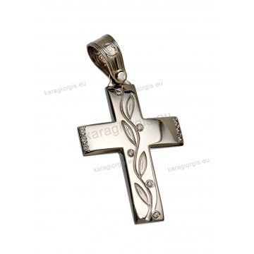 Βαπτιστικός σταυρός λευκόχρυσο για κορίτσι με πέτρες ζιργκόν με σκαλιστά φυλλαράκια