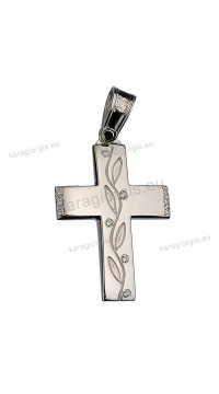 Βαπτιστικός σταυρός λευκόχρυσο για κορίτσι με πέτρες ζιργκόν με σκαλιστά φυλλαράκια