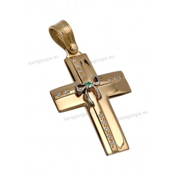 Βαπτιστικός σταυρός χρυσός για κορίτσι με πέτρες ζιργκόν και λευκόχρυσο φιογκάκι Με δώρο την αλυσίδα