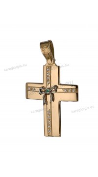 Βαπτιστικός σταυρός χρυσός για κορίτσι με πέτρες ζιργκόν και λευκόχρυσο φιογκάκι Με δώρο την αλυσίδα
