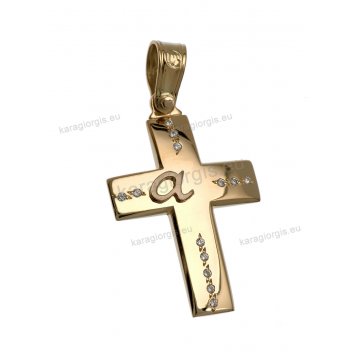 Βαπτιστικός σταυρός χρυσός για κορίτσι με πέτρες ζιργκόν και αρχικό μονόγραμμα 