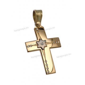 Βαπτιστικός σταυρός χρυσός για κορίτσι με πέτρες ζιργκόν και λευκόχρυσο αστεράκι