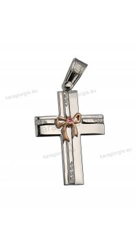 Βαπτιστικός σταυρός λευκόχρυσο για κορίτσι με πέτρες ζιργκόν και χρυσό φιογκάκι
