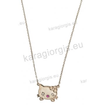 Κολιέ λευκόχρυσο με κρεμαστή Hello Kitty και άσπρες πέτρες ζιρκόν από την collection LM