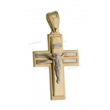 Βαπτιστικός σταυρός με εσταυρωμένο χρυσός για αγόρι Με δώρο την αλυσίδα με ματ και λουστρέ λευκόχρυσο φινίρισμα
