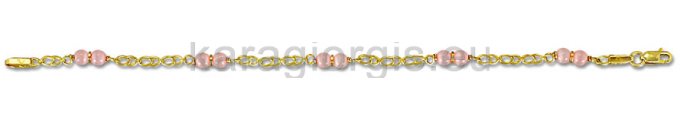 Βραχιόλι χρυσό με διπλές στρογγυλές πέτρες ροζ χαλαζία