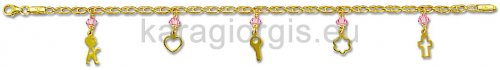 Βραχιόλι χρυσό με διάφορα χρυσά μοτιφάκια και ροζ πέτρες ζιργκόν
