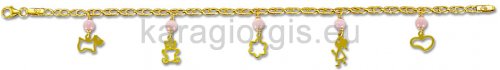 Βραχιόλι χρυσό με διάφορα χρυσά μοτιφάκια και ροζ πέτρες χαλαζία