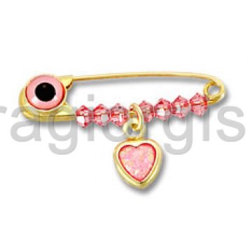 Παραμάνα - φυλακτό χρυσό για κορίτσι με κρεμαστή καρδούλα και ροζ χάντρες
