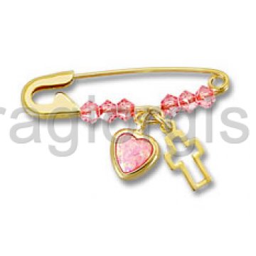Παραμάνα - φυλακτό χρυσό για κορίτσι με κρεμαστή καρδούλα και σταυρουδάκι με ροζ χάντρες