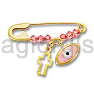 Παραμάνα - φυλακτό χρυσό για κορίτσι με κρεμαστό ματάκι και σταυρουδάκι με ροζ χάντρες