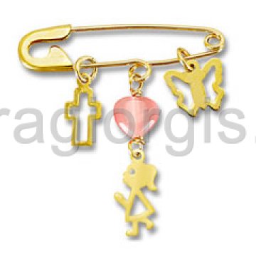 Παραμάνα - φυλακτό χρυσό για κορίτσι με κρεμαστό κοριτσάκι και με ροζ χάντρες