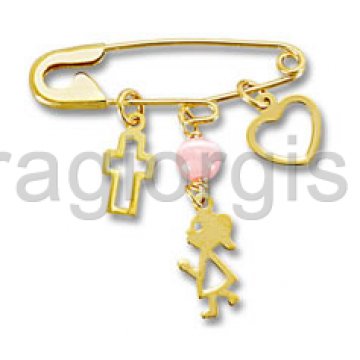 Παραμάνα - φυλακτό χρυσό για κορίτσι με κρεμαστό κοριτσάκι και σταυρουδάκι με ροζ χάντρες