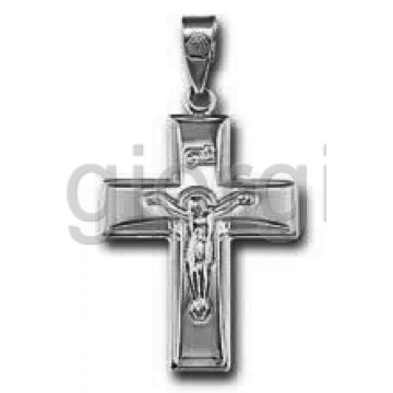 Βαπτιστικός σταυρός για αγόρι λευκόχρυσος σε λουστρέ φινίρισμα με σκαλιστό εσταυρωμένο 