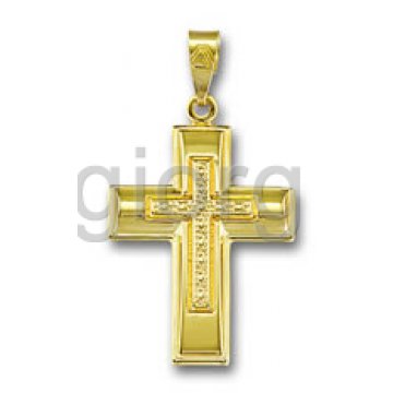 Σταυρός χρυσός σε λουστρέ φινίρισμα με σκαλιστό σταυρό στη μέση