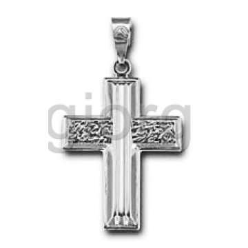 Βαπτιστικός σταυρός για αγόρι λευκόχρυσος με ανάγλυφες κάθετες ρίγες και σκαλίσματα στα πλαϊνά 