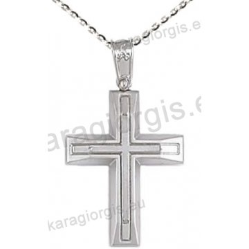 Βαπτιστικός σταυρός K14 με αλυσίδα σε λευκόχρυσο για αγόρι σε λουστρέ και ματ φινίρισμα με δεύτερο σταυρό στο κέντρο