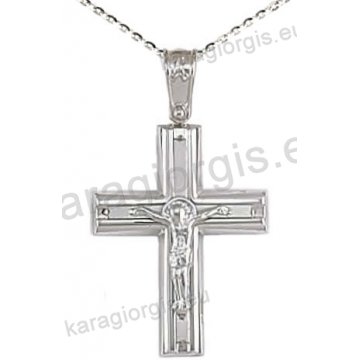 Βαπτιστικός σταυρός K14 με αλυσίδα σε λευκόχρυσο για αγόρι σε λουστρέ και ματ φινίρισμα με εσταυρωμένο στο κέντρο