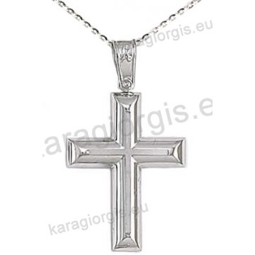 Βαπτιστικός σταυρός K14 με αλυσίδα σε λευκόχρυσο για αγόρι σε λουστρέ και ματ φινίρισμα με δεύτερο σταυρό στο κέντρο