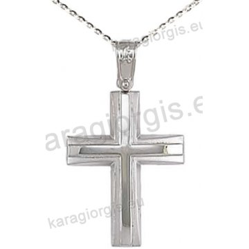 Βαπτιστικός σταυρός K14 με αλυσίδα σε λευκόχρυσο για αγόρι σε ματ φινίρισμα με δεύτερο λουστρέ σταυρό στο κέντρο
