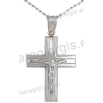 Βαπτιστικός σταυρός K14 με αλυσίδα σε λευκόχρυσο για αγόρι σε λουστρέ και ματ φινίρισμα με εσταυρωμένο στο κέντρο