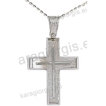 Βαπτιστικός σταυρός K14 με αλυσίδα σε λευκόχρυσο για αγόρι σε λουστρέ και σαγρέ φινίρισμα με δεύτερο σταυρό στο κέντρο