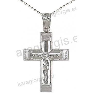 Βαπτιστικός σταυρός K14 με αλυσίδα σε λευκόχρυσο για αγόρι σε λουστρέ και σαγρέ φινίρισμα με εσταυρωμένο στο κέντρο