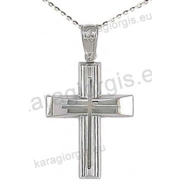 Βαπτιστικός σταυρός K14 με αλυσίδα σε λευκόχρυσο για αγόρι σε λουστρέ φινίρισμα με δεύτερο ματ σταυρό στο κέντρο
