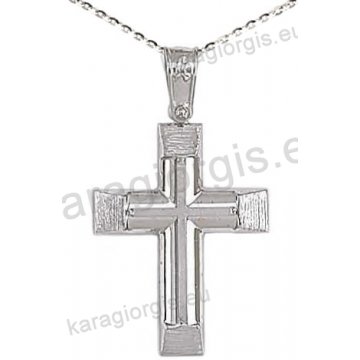 Βαπτιστικός σταυρός K14 με αλυσίδα σε λευκόχρυσο για αγόρι σε λουστρέ και σαγρέ φινίρισμα
