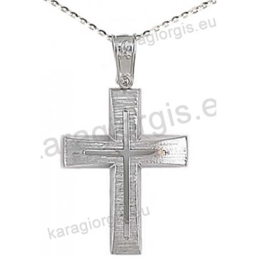 Βαπτιστικός σταυρός K14 με αλυσίδα σε λευκόχρυσο για αγόρι σε λουστρέ και σαγρέ φινίρισμα με δεύτερο σταυρό στο κέντρο