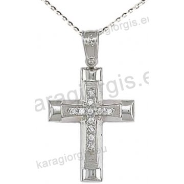 Βαπτιστικός σταυρός K14 με αλυσίδα σε λευκόχρυσο για κορίτσι σε σαγρέ και λουστρέ φινίρισμα με πέτρες ζιργκόν