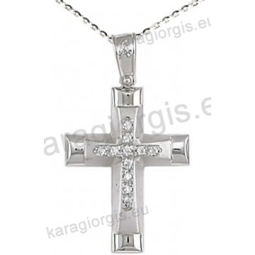 Βαπτιστικός σταυρός K14 με αλυσίδα σε λευκόχρυσο για κορίτσι σε λουστρέ και ματ φινίρισμα με πέτρες ζιργκόν