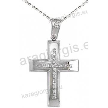 Βαπτιστικός σταυρός K14 με αλυσίδα σε λευκόχρυσο για κορίτσι σε λουστρέ φινίρισμα με πέτρες ζιργκόν